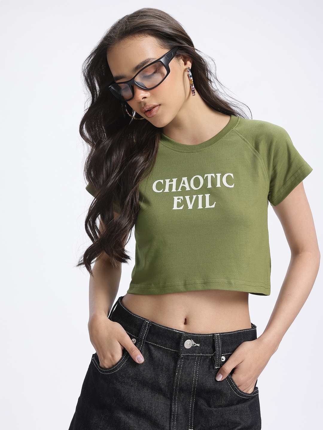 

glitchez Crisp & Clever Typo Crop Regular Fit T-shirt, Olive
