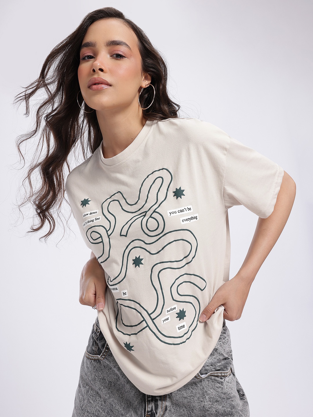 

glitchez Whimsical Wonderland Printed Oversized T-shirt, Off white