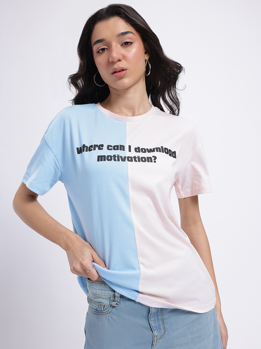 

glitchez Color Clash Typo Print Drop-Shoulder Relaxed T-shirt, Blue