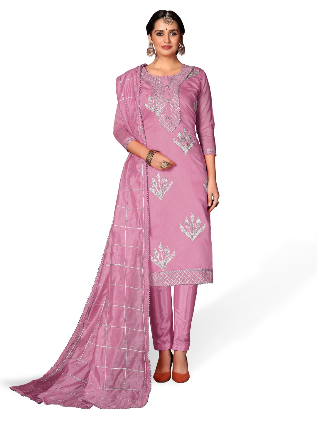

Maroosh Ethnic Motifs Embellished Gotta Patti Unstitched Dress Material, Pink