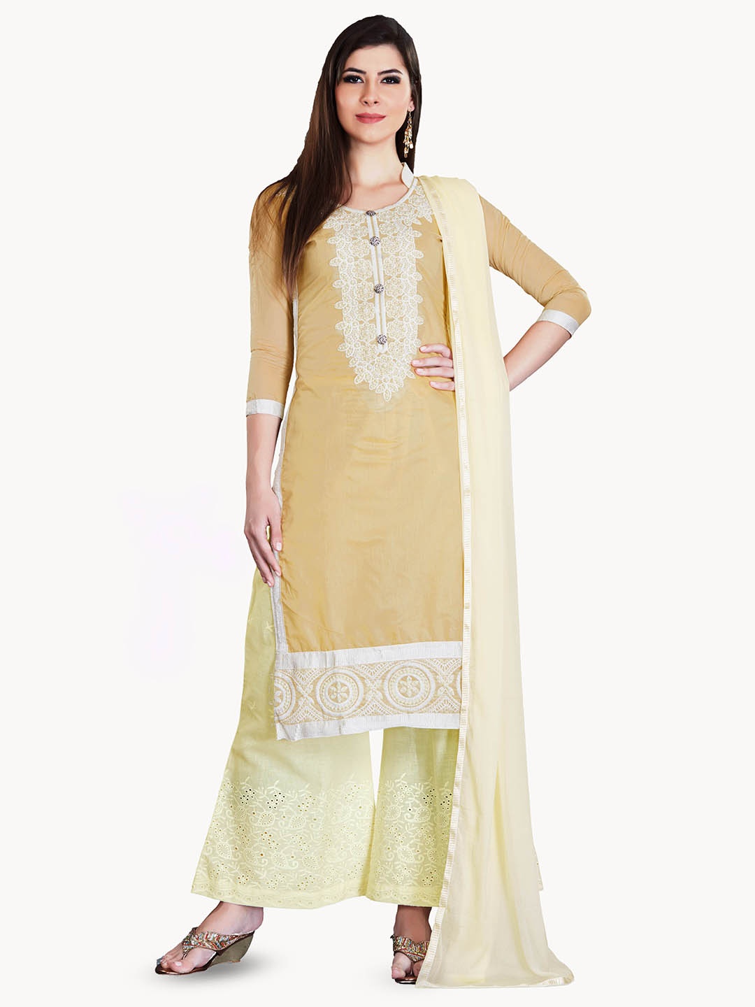 

Maroosh Floral Embroidered Unstitched Dress Material, Beige