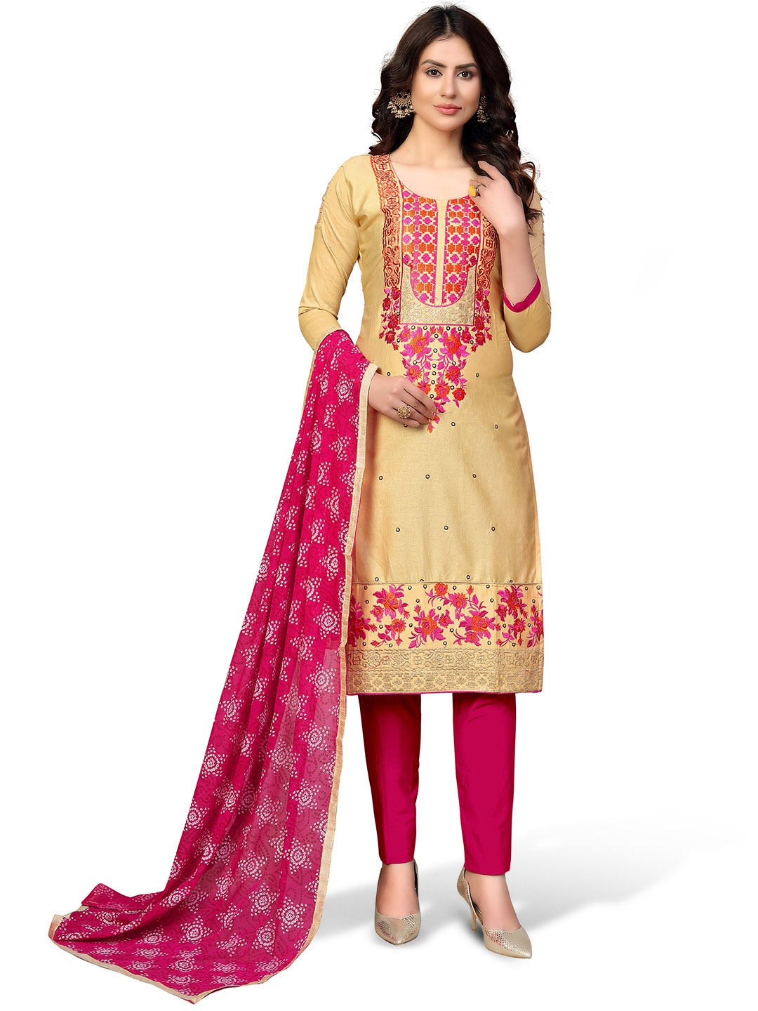 Maroosh Floral Embroidered Unstitched Dress Material, Beige