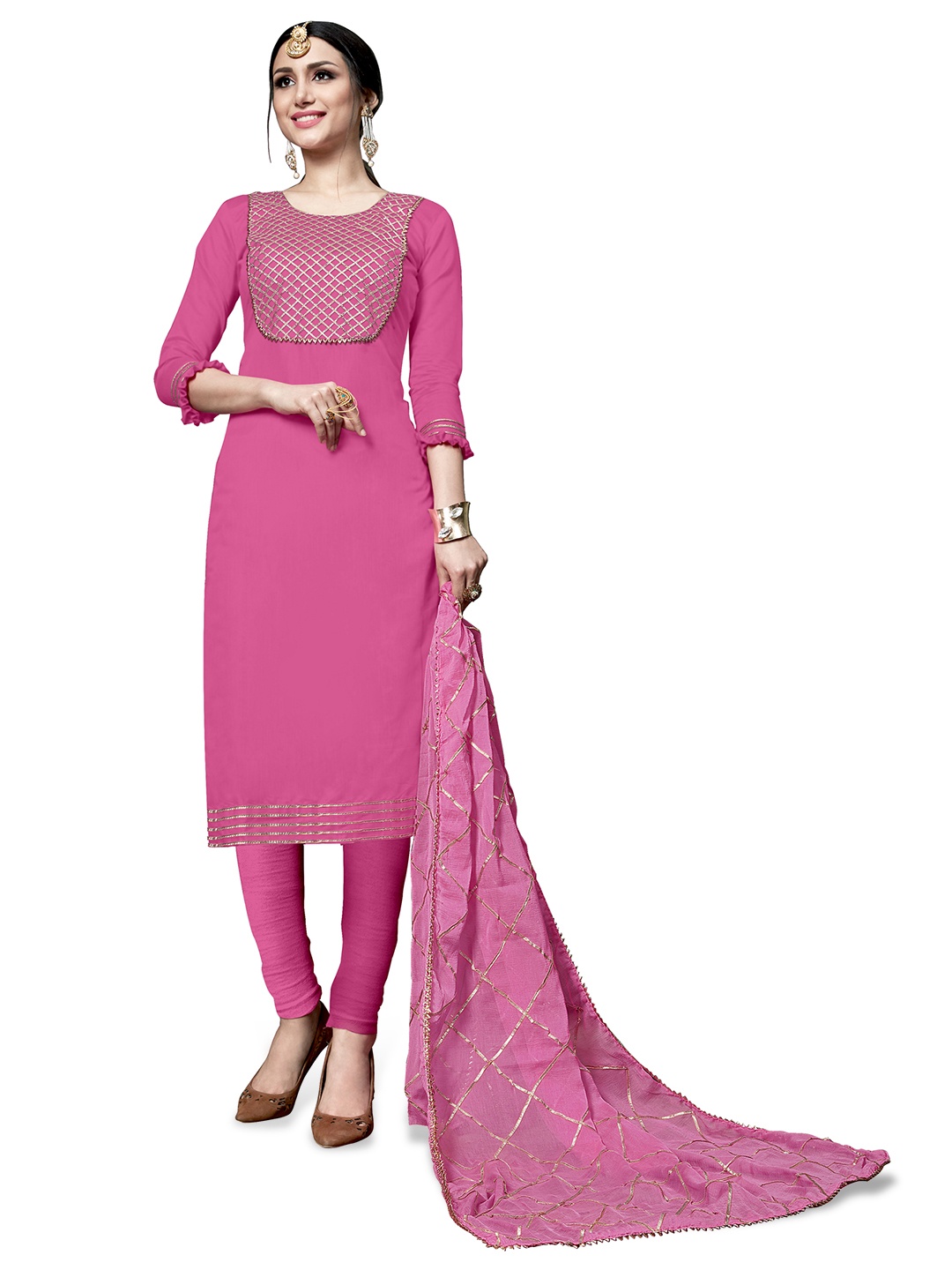Maroosh Geometric Embroidered Unstitched Dress Material, Pink