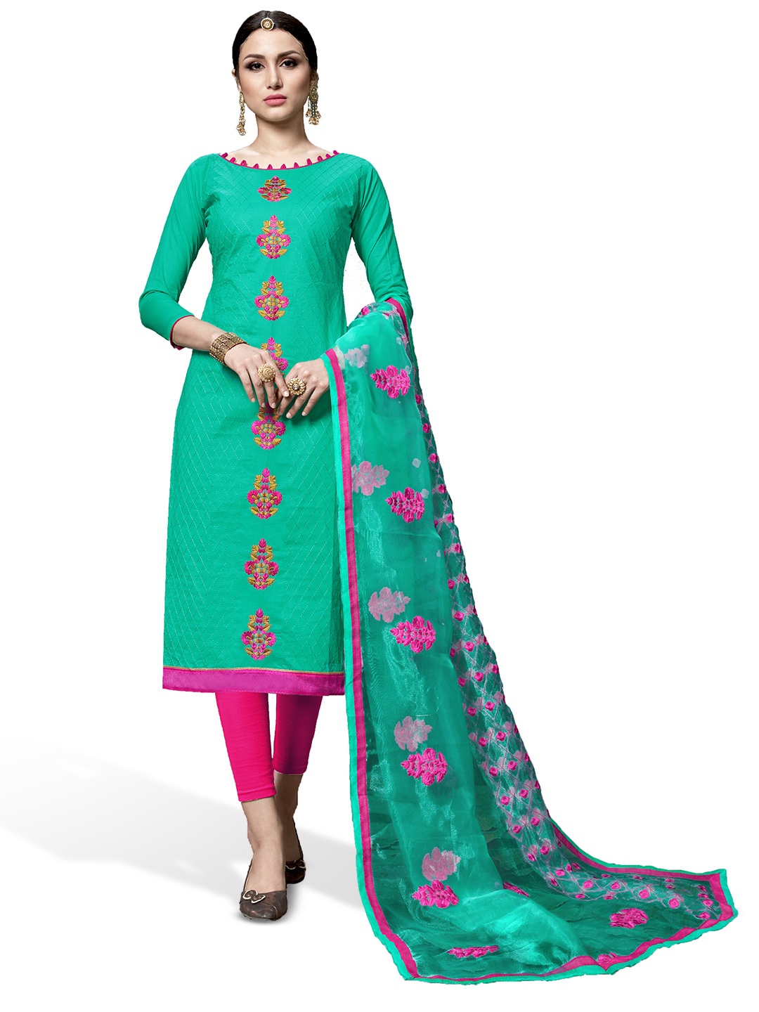 

Maroosh Floral Embroided Pure Cotton Unstitched Dress Material, Sea green