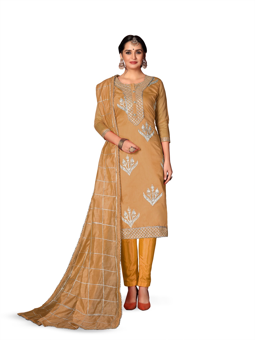 

Maroosh Ethnic Motifs Embroidered Gotta Patti Cotton Unstitched Dress Material, Beige