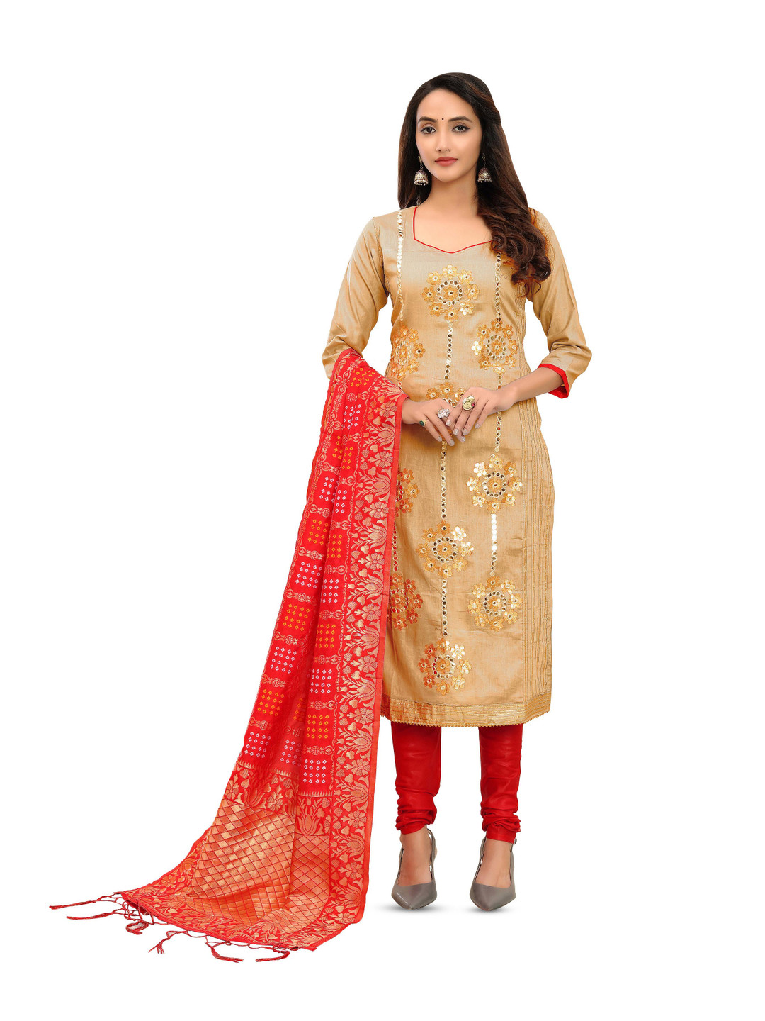 

Maroosh Floral Woven Design Mirror Work Unstitched Dress Material, Beige