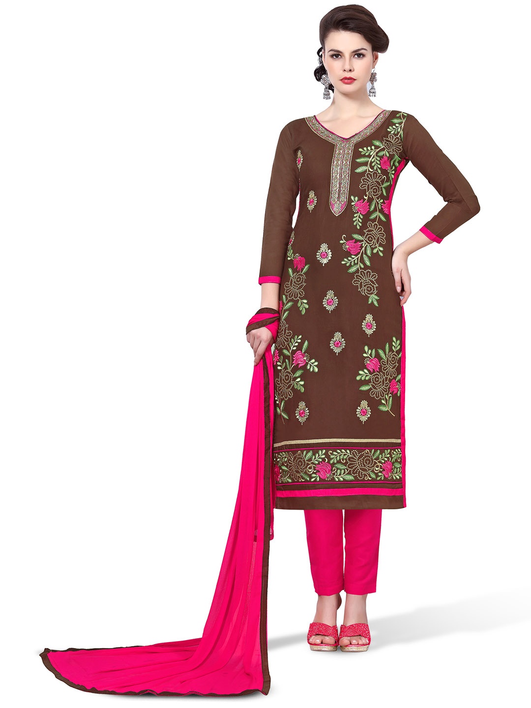 Maroosh Floral Embroidered Cotton Unstitched Dress Material, Brown