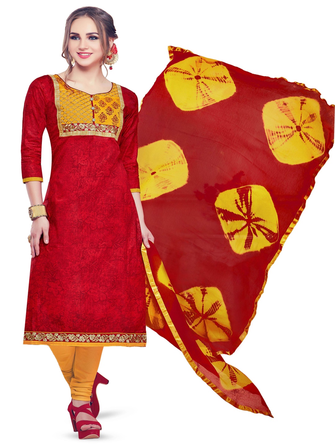 

Maroosh Floral Printed Thread Work Unstitched Dress Material, Red