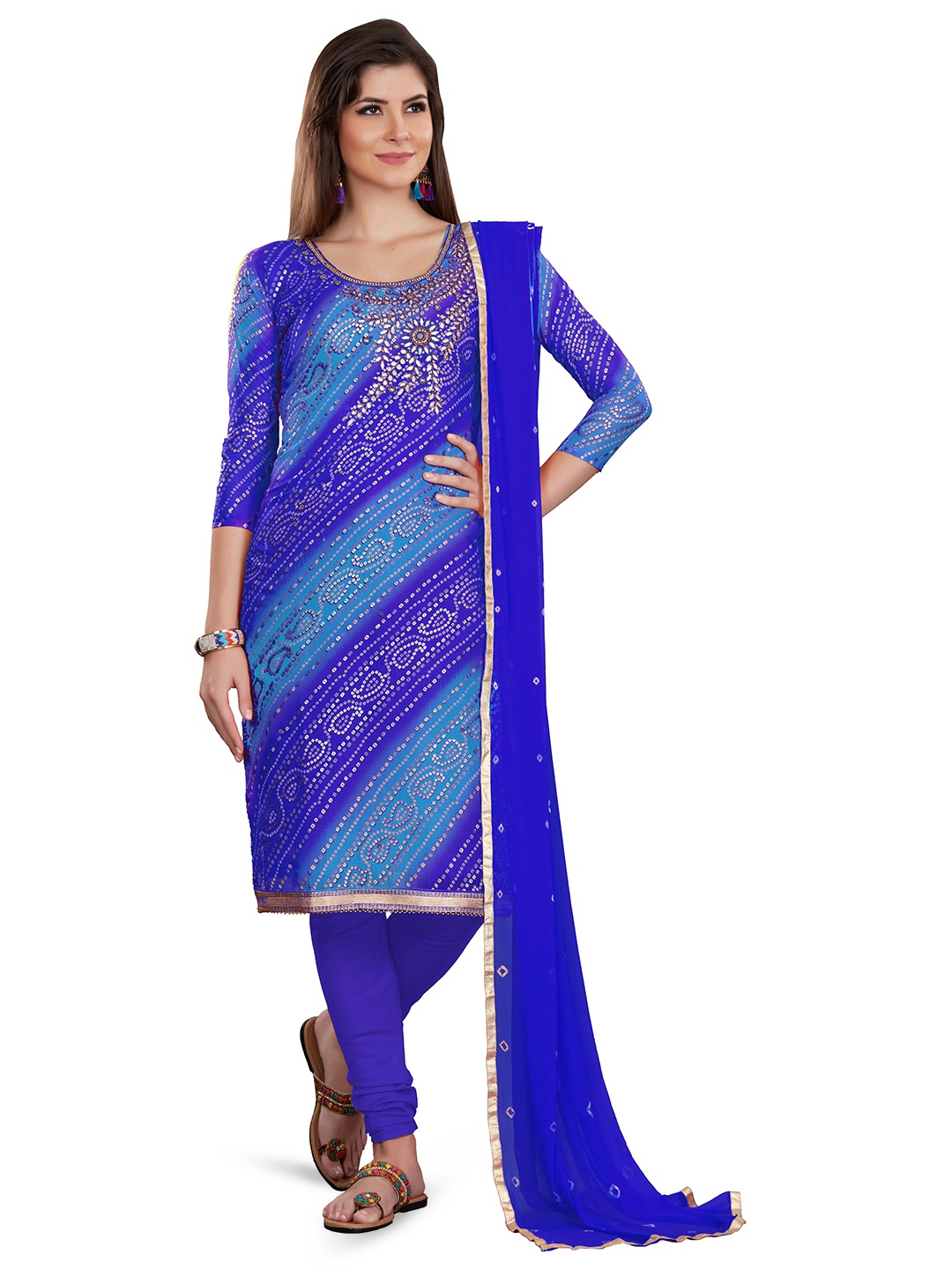 

Maroosh Bandhani Printed Gotta Patti Unstitched Dress Material, Blue