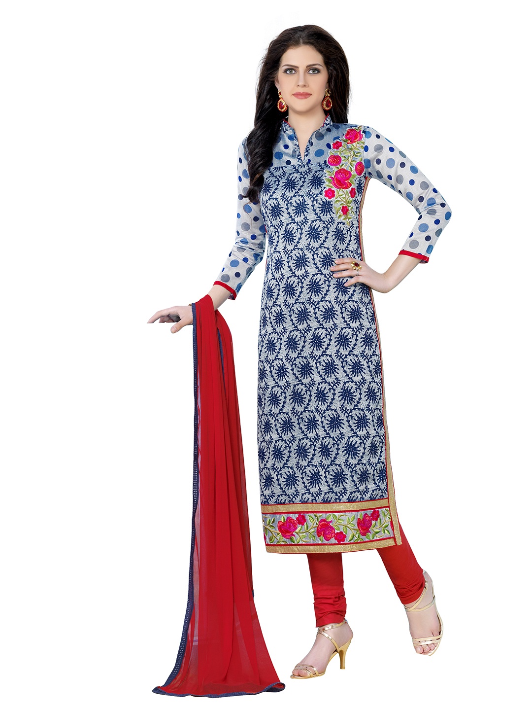 

Maroosh Floral Printed Chanderi Cotton Unstitched Dress Material, Blue