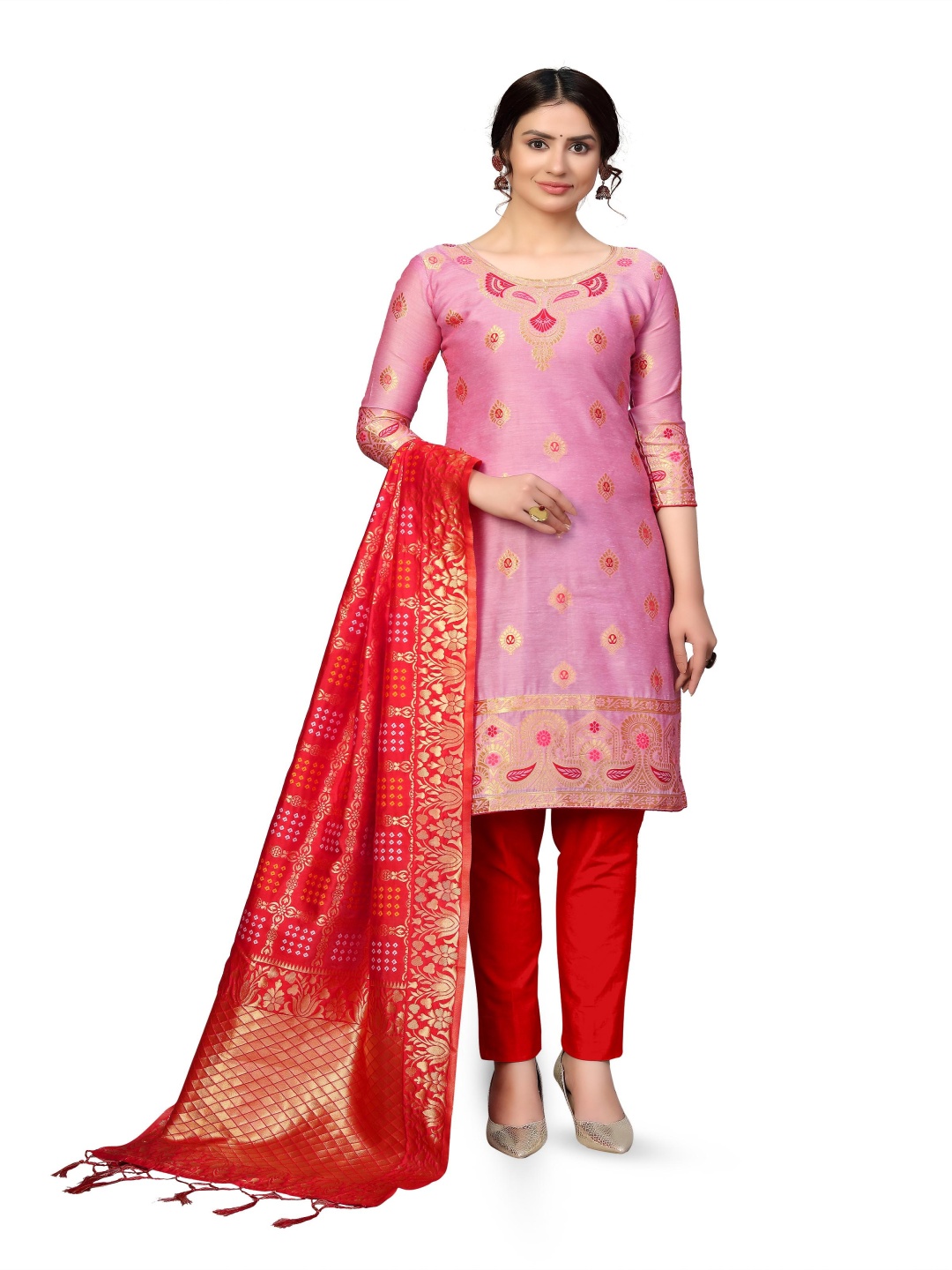 

Maroosh Floral Woven Design Unstitched Dress Material, Pink