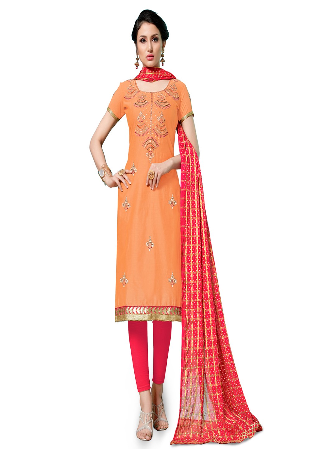 

Maroosh Floral Embroidered Sequinned Unstitched Dress Material, Peach