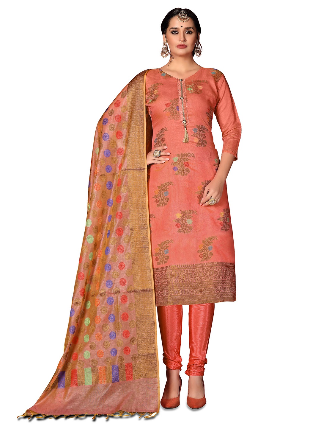 Maroosh Floral Woven Design Unstitched Dress Material, Orange