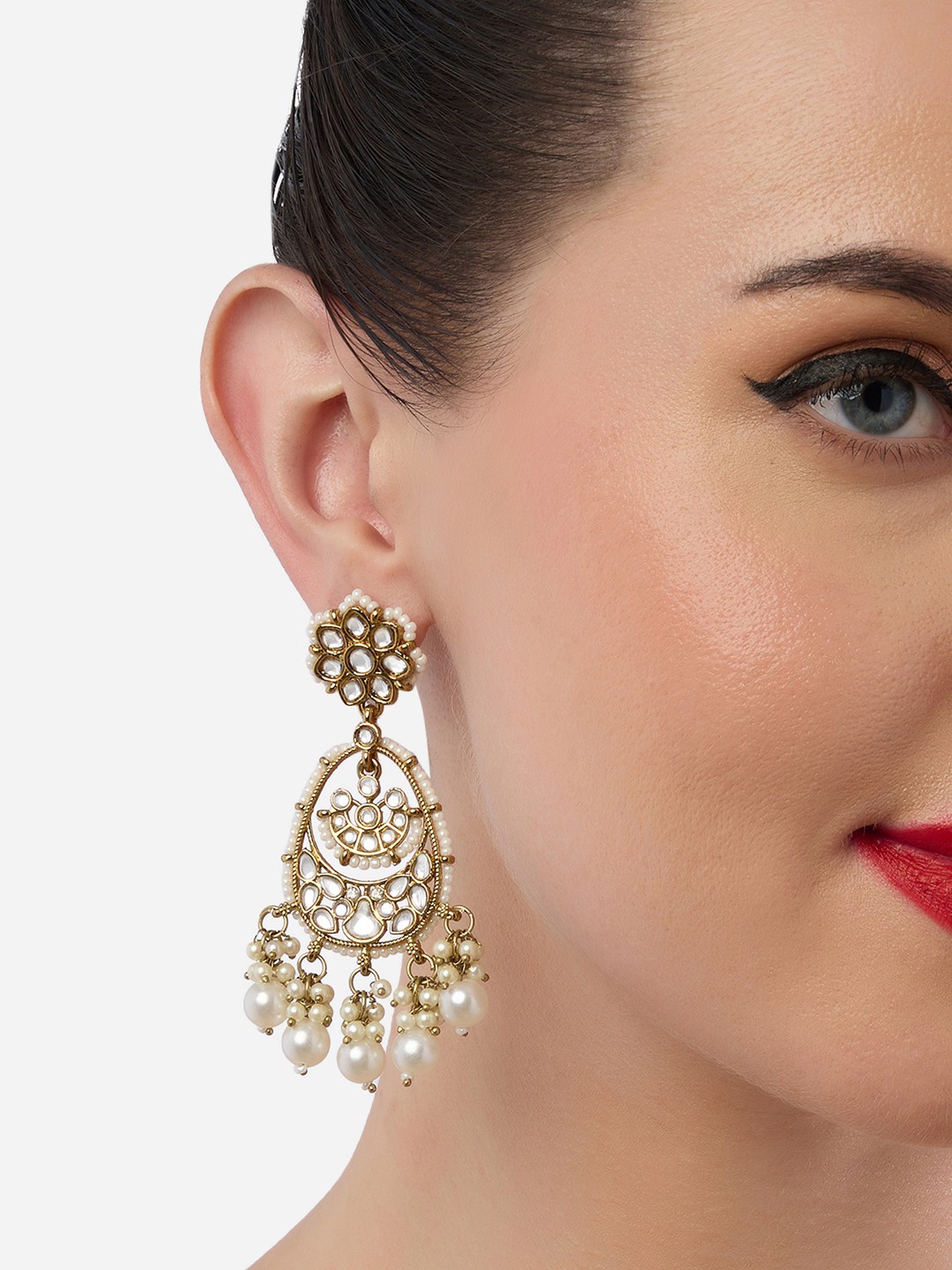 

Zaveri Pearls Gold-Plated Kundan Stone Studded & Beaded Floral Antique Drop Earrings