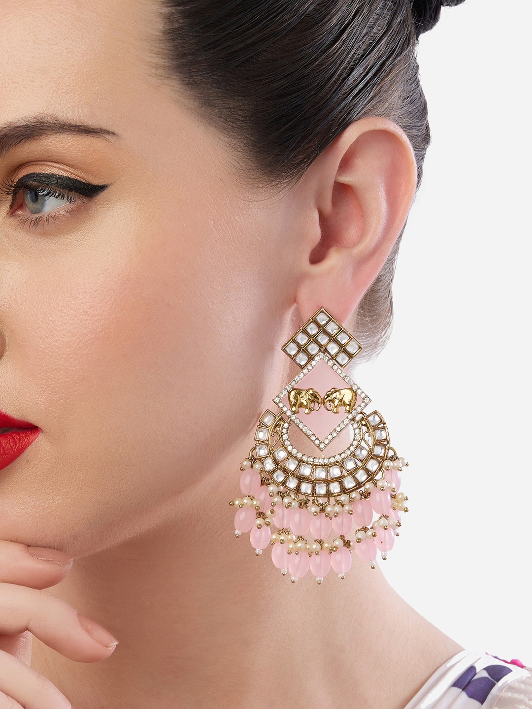 

Zaveri Pearls Gold Plated Artificial Stones and Beads Contemporary Drop Earrings, Pink