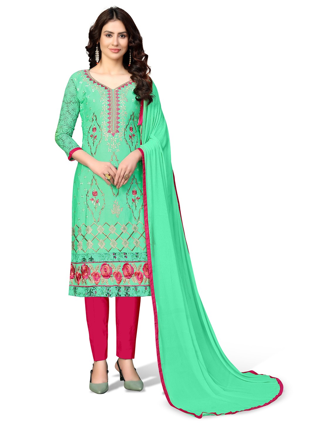 

Maroosh Floral Embroidered Cotton Unstitched Dress Material, Green