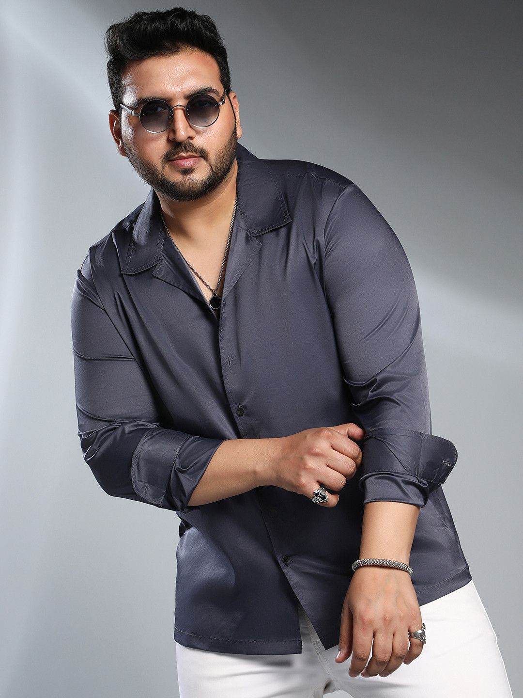 

Instafab Plus Size Men Comfort Solid Satin Casual Shirt, Grey