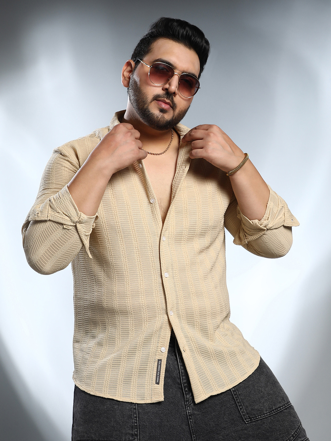 

Instafab Plus Size Men Comfort Textured Pure Cotton Shirt, Beige