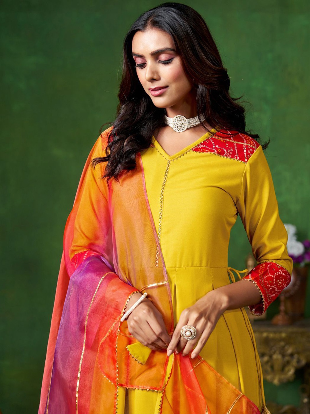 

Sangria Yellow V-Neck Three-Quarter Sleeves Regular Gotta Patti Anarkali Kurta & Dupatta