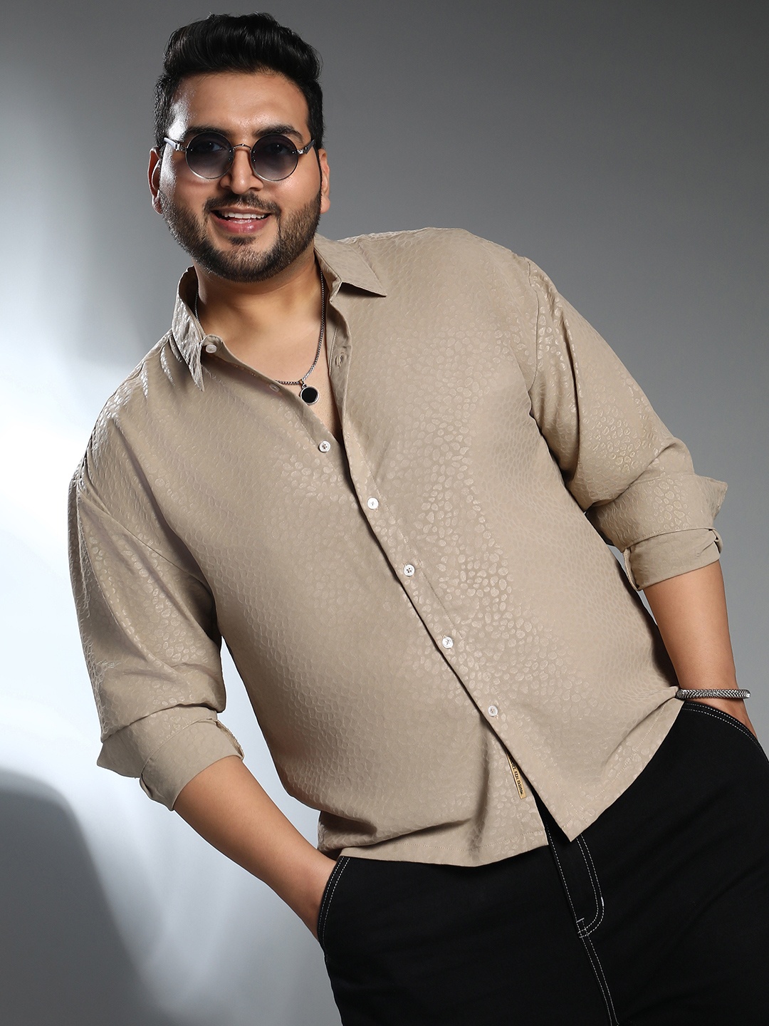 Instafab Plus Size Men Comfort Textured Casual Shirt, Beige