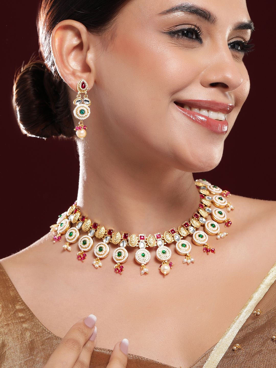 

Rubans 22K Gold-Plated Ruby Pink, Emerald Green, Kundan & Pearl Bead Accents Necklace Set