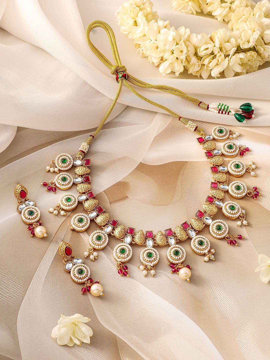 Rubans 22K Gold-Plated Ruby Pink, Emerald Green, Kundan & Pearl Bead Accents Necklace Set
