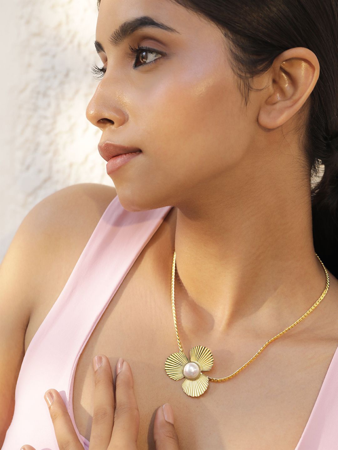 

Rubans 18KT Gold Plated Stainless Steel Cubic Zirconia Demi-Fine Floral Necklace
