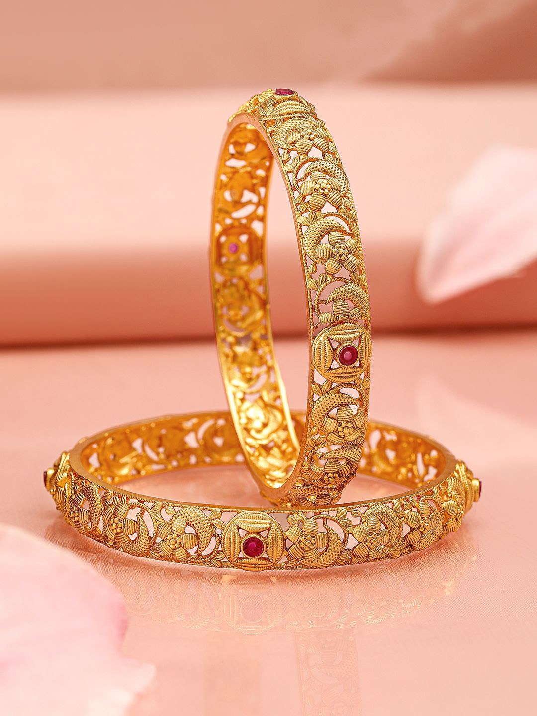 

Rubans Set of 2 22K Gold-Plated Ruby Pink Stone & Floral Design Traditional Bangles