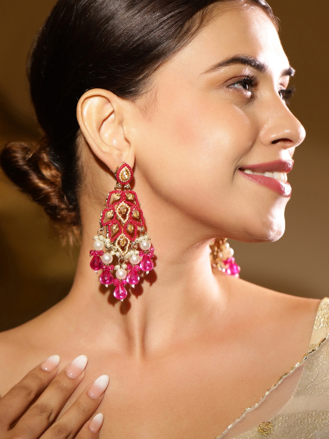 

Rubans 22K Gold Plated Pink Stone & Kundan Studded Chandelier with Pearl & Bead Accents