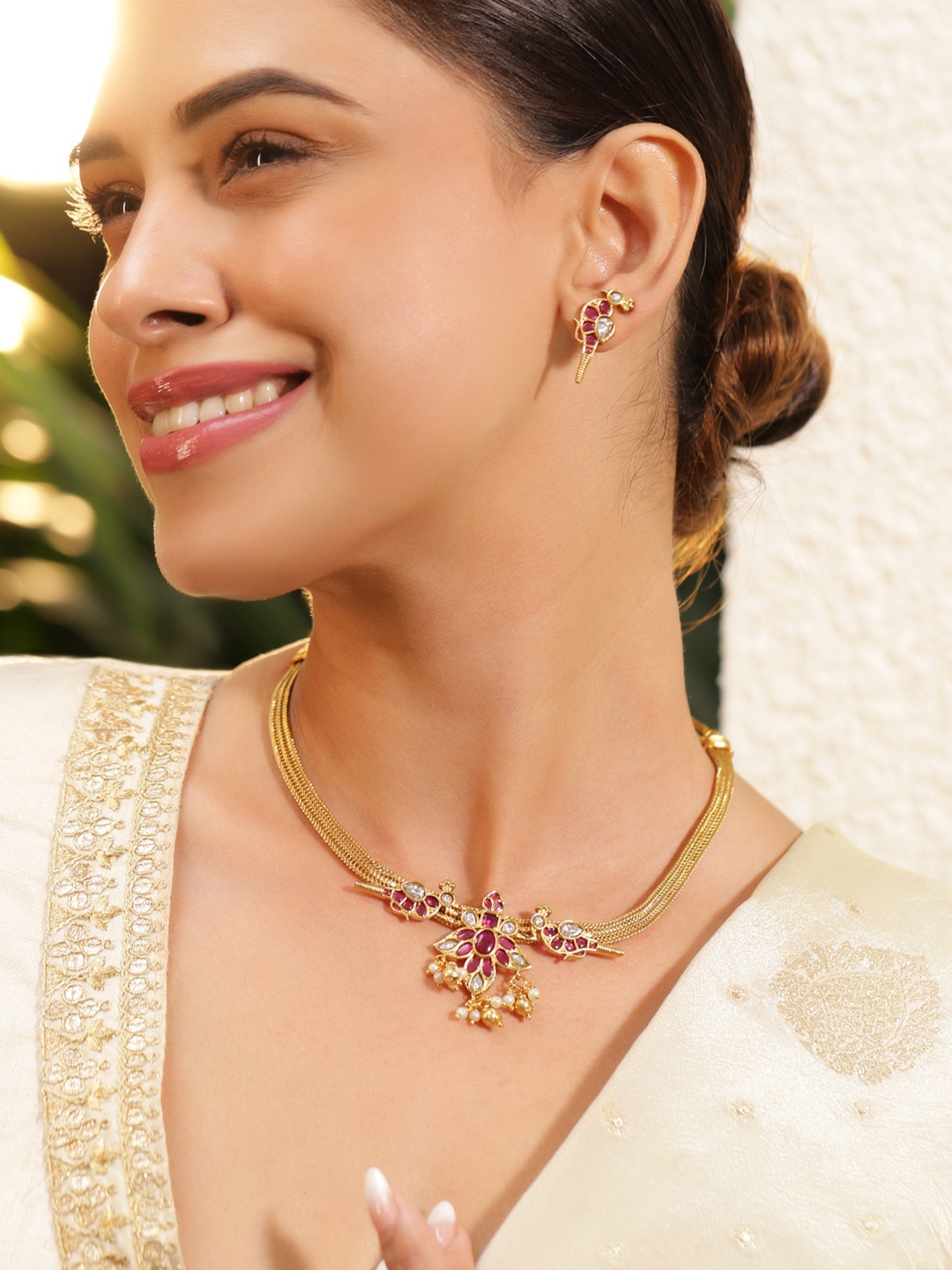 

Rubans 22K Gold Plated Ruby Pink & Pearl Accented Jewellery Set