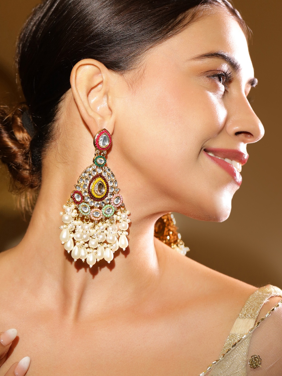 

Rubans 22K Gold Plated Kundan Studded & Beaded Classic Chandbalis
