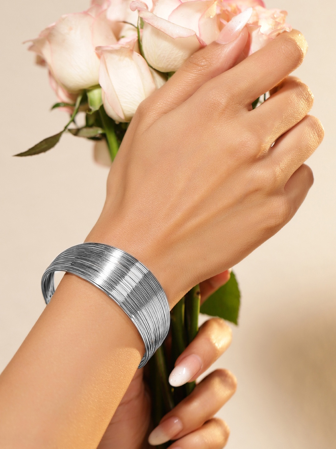 

Rubans Silver-Plated Adjustable Textured Open Cuff Bracelet