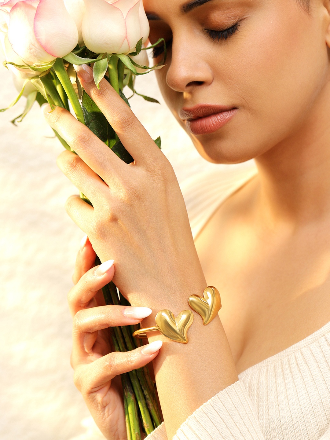 

Rubans Voguish 18K Gold Plated Stainless Steel Tarnish-Free Demi-Fine Heart Cuff Bracelet