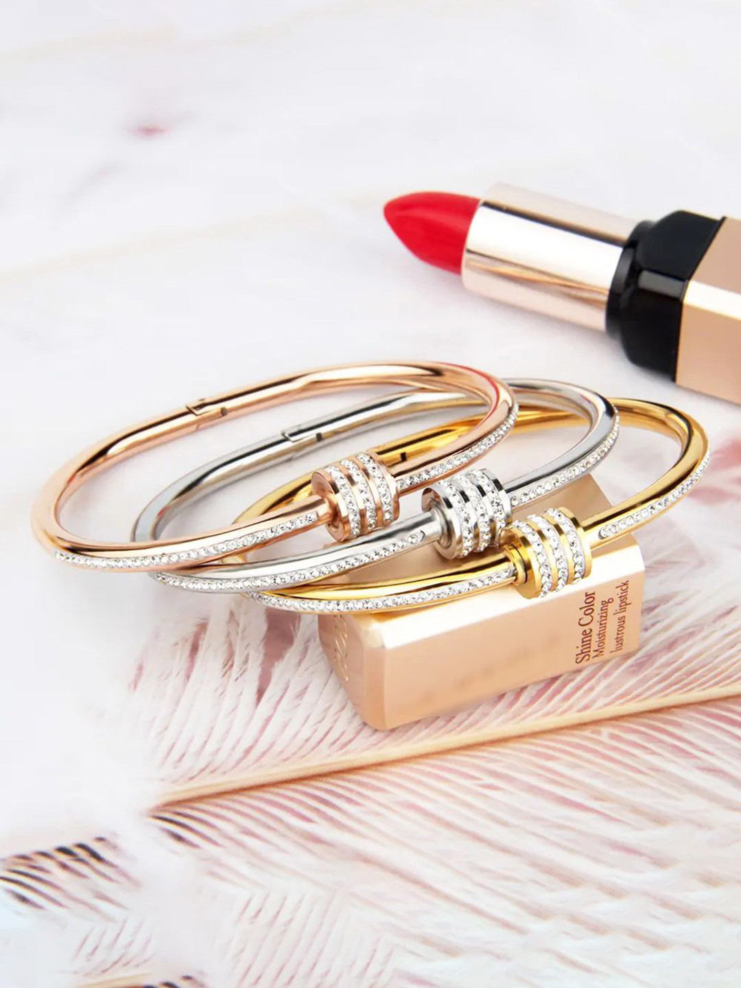 

MEENAZ Set Of 3 Gold-Plated Stainless Steel American Diamond Kada Bracelet