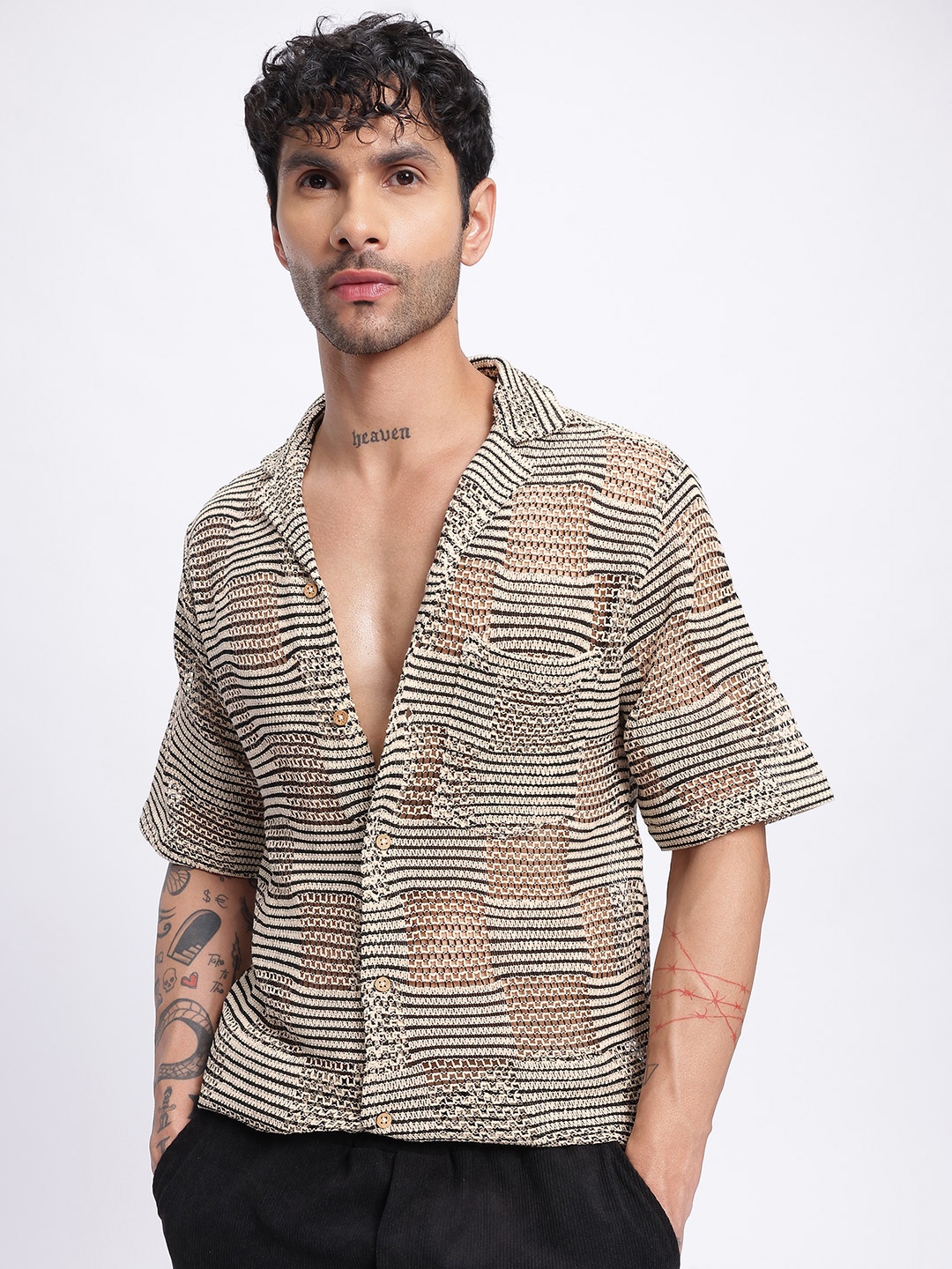 

glitchez Crochet Cool Sheer Stripes Relaxed Shirt, Black