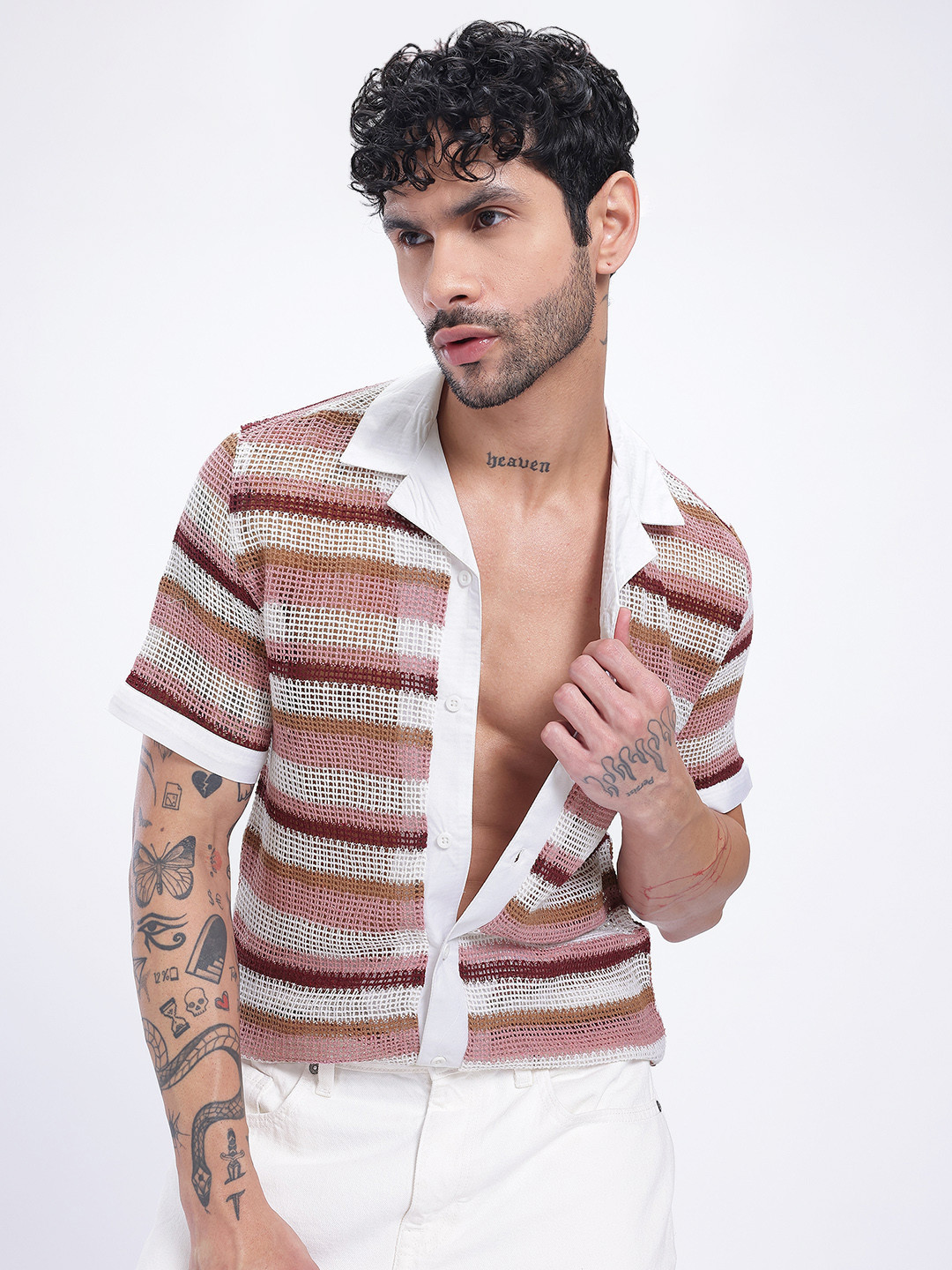 

glitchez Laid-Back Luxe Striped Open Knit Regular Fit Shirt, Rose