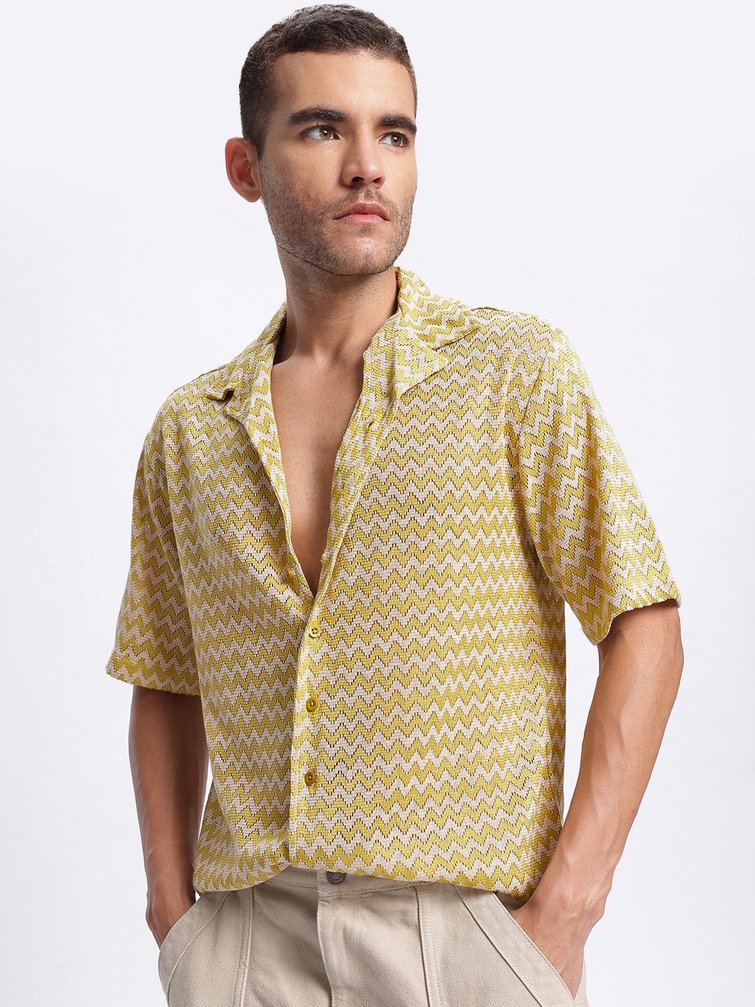 

glitchez Effortless Edge Chevron Stripe Relaxed Shirt, Yellow