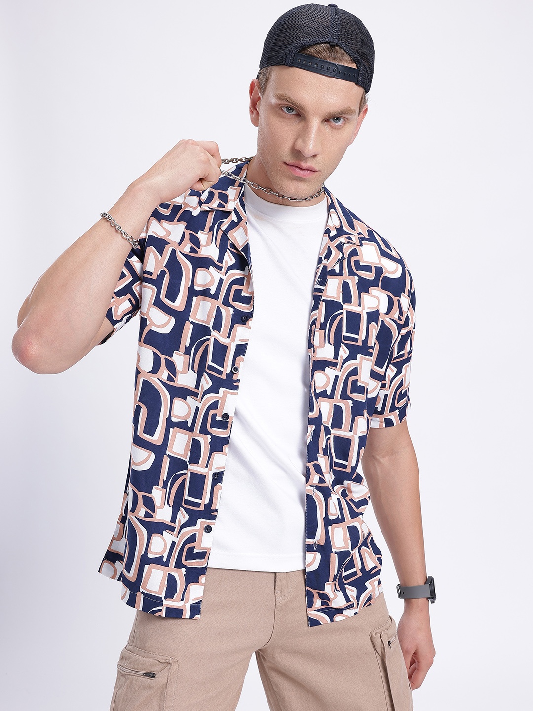 

glitchez Geo Play Opaque Printed Casual Shirt, Navy blue