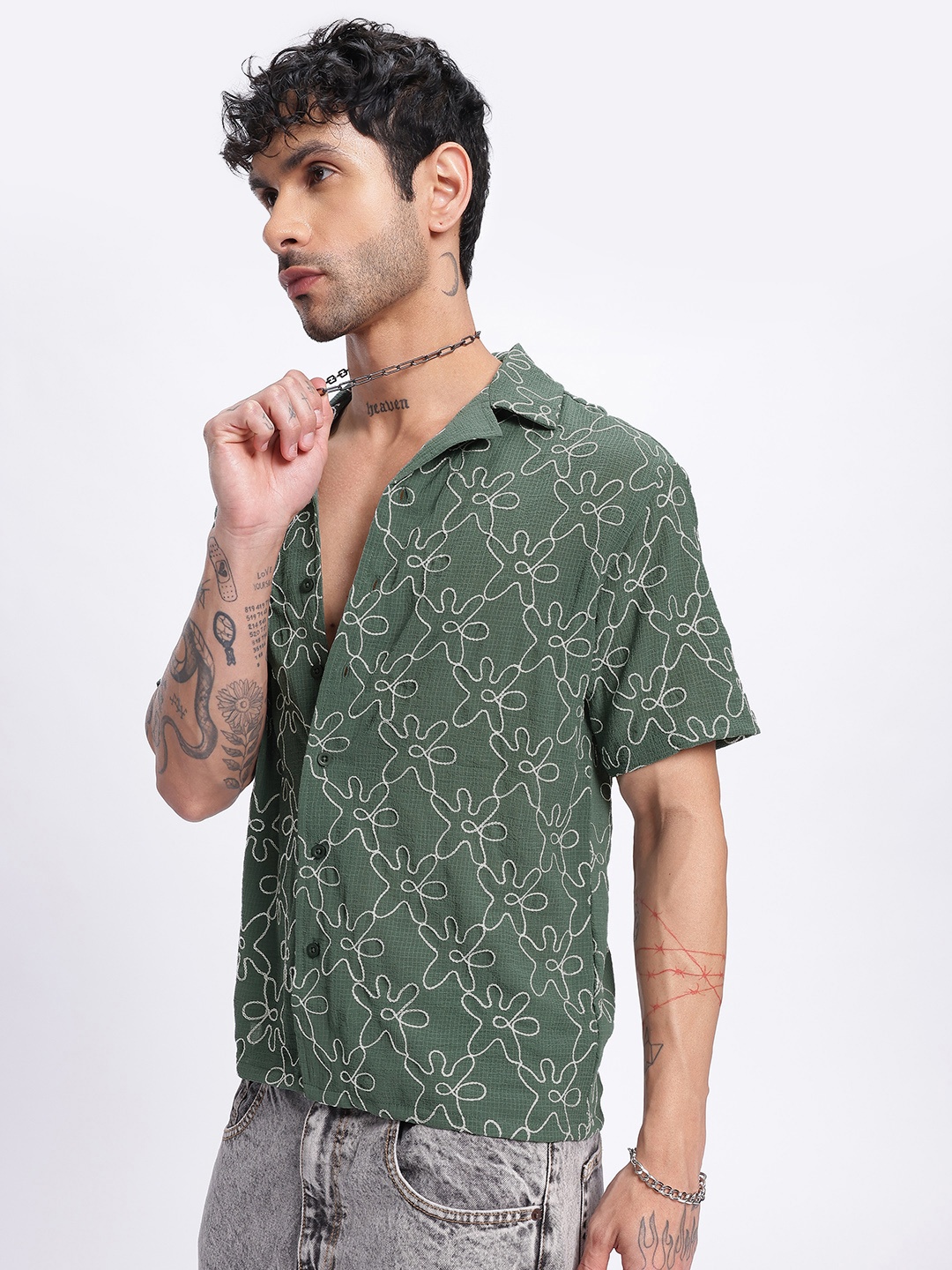 

glitchez Embroidered Edge Seersucker Relaxed Shirt, Green