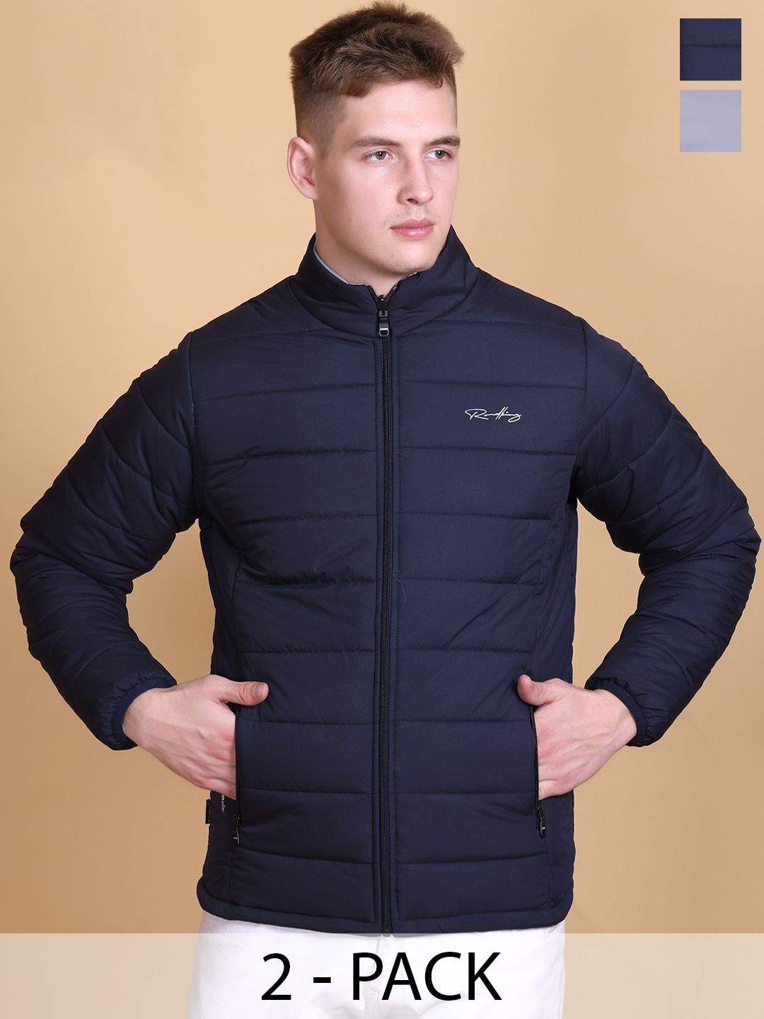 

Roadking Men Mock Collar Solid Casual Reversible Padded Jacket, Navy blue