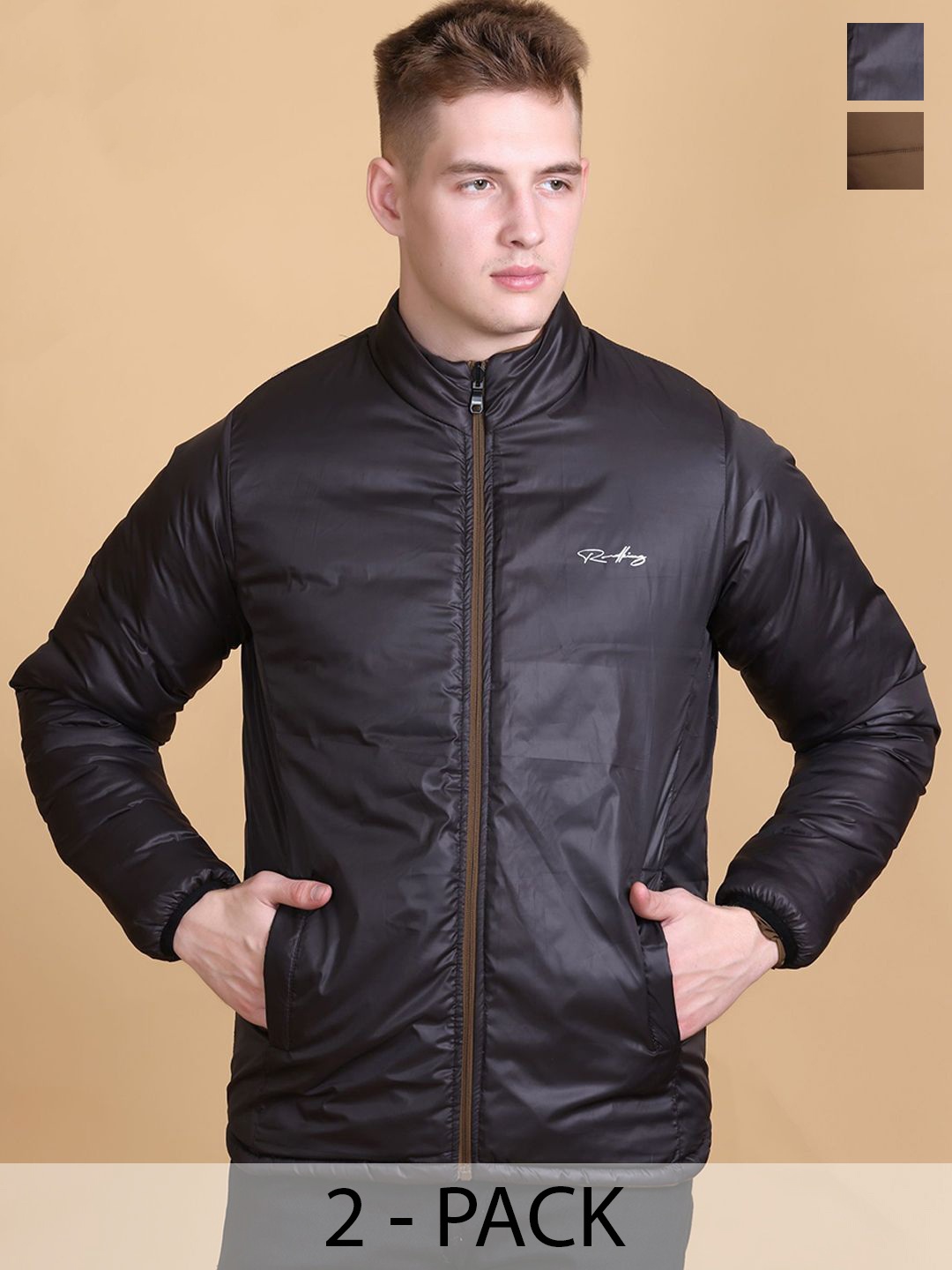

Roadking Men Mock Collar Solid Casual Padded Jacket, Coffee brown