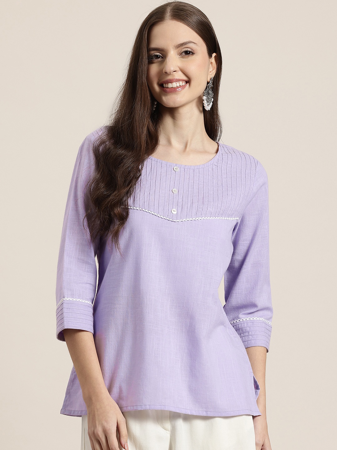 

HERE&NOW Pure Cotton Kurti with Pin Tucks Detail, Purple