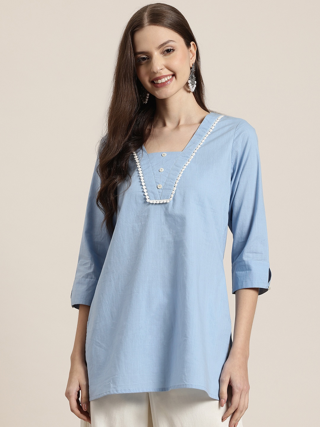 

HERE&NOW Square Neck Pure Cotton Kurti with Lace Details, Blue