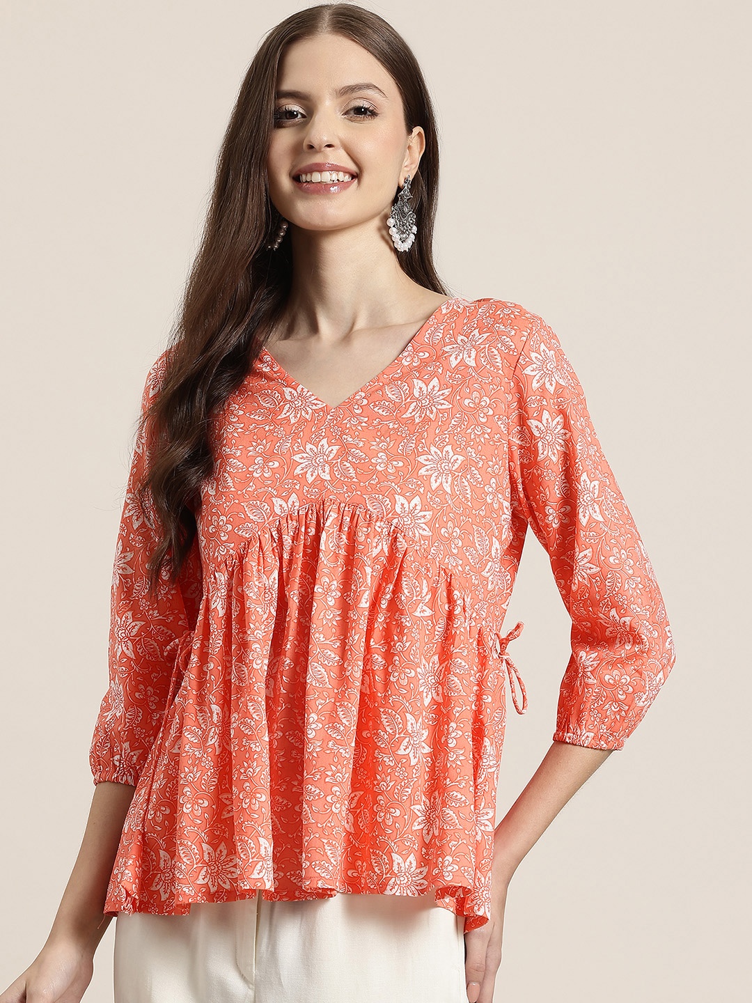 

HERE&NOW Floral Printed Empire Kurti with Tie Up Details, Orange