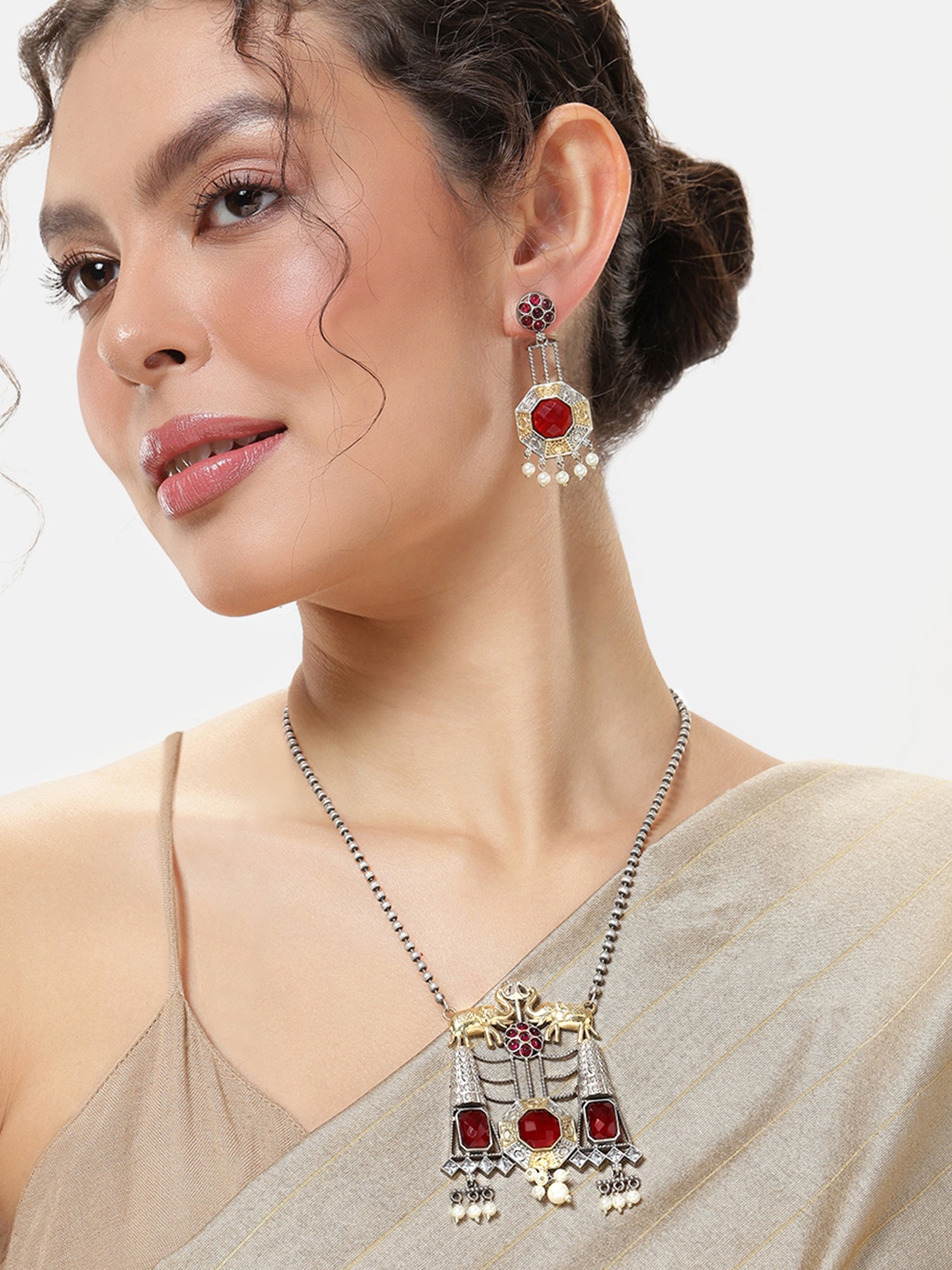 

VIVAZS Silver-Plated & Dual Tone Ruby Studded Oxidised Necklace & Earrings Set