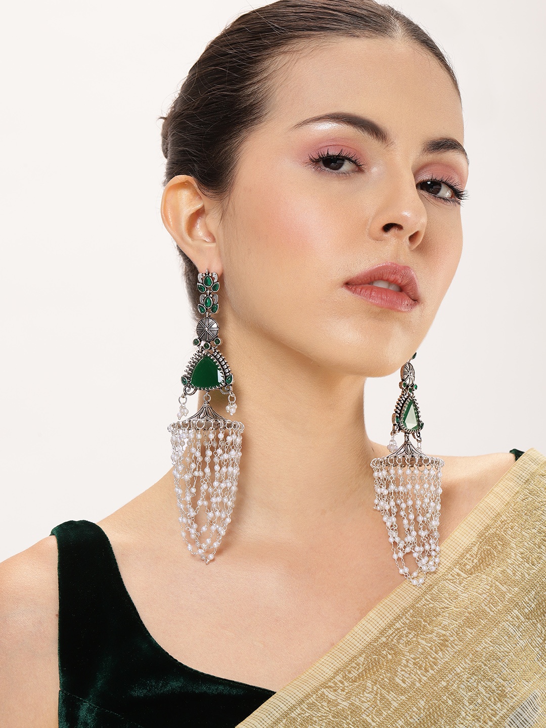 

VIVAZS Silver Plated Contemporary Jhumkas Earrings, Green