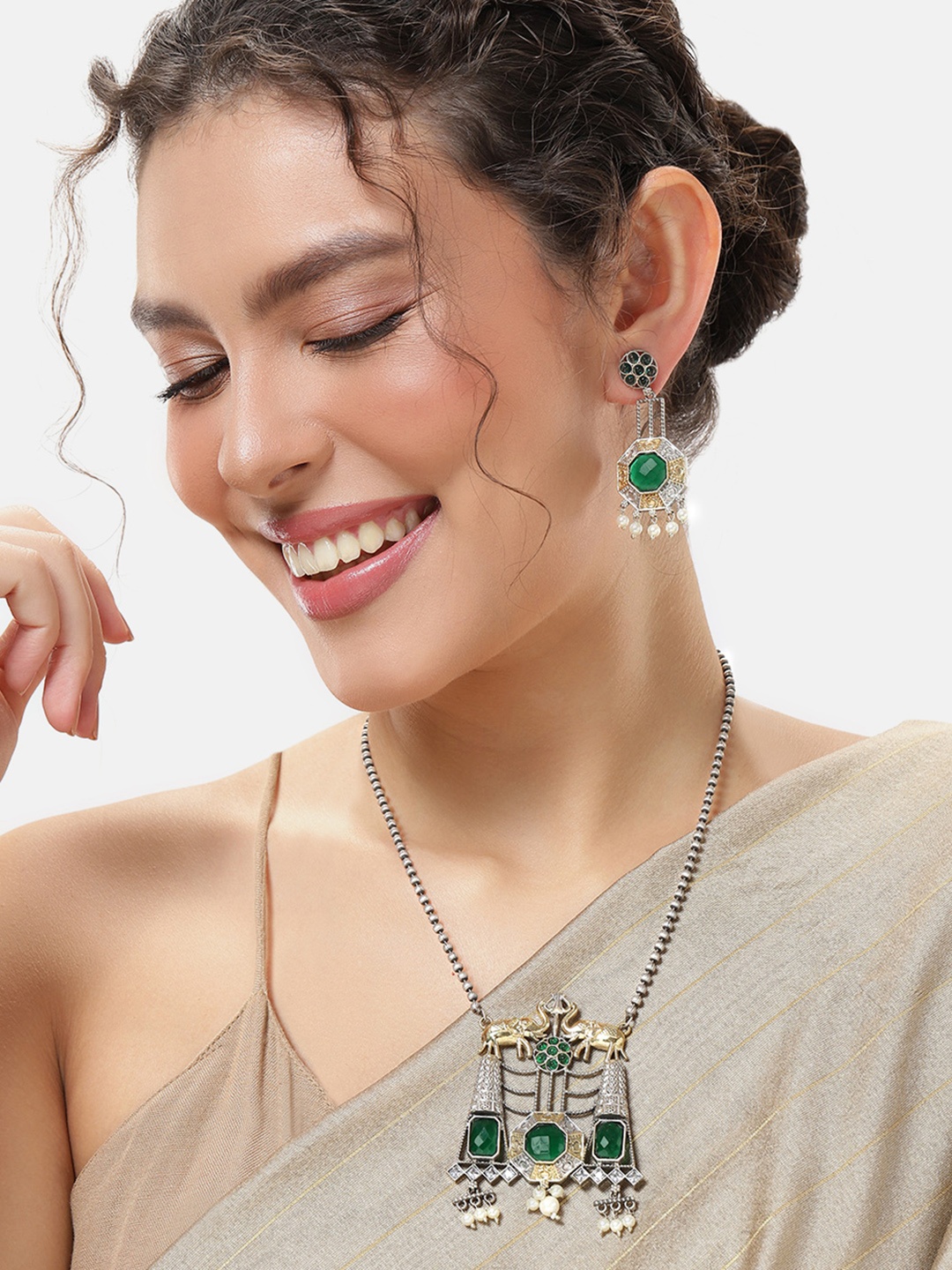 

VIVAZS Silver-Plated & Dual Tone Emerald Studded Oxidised Necklace & Earrings Set