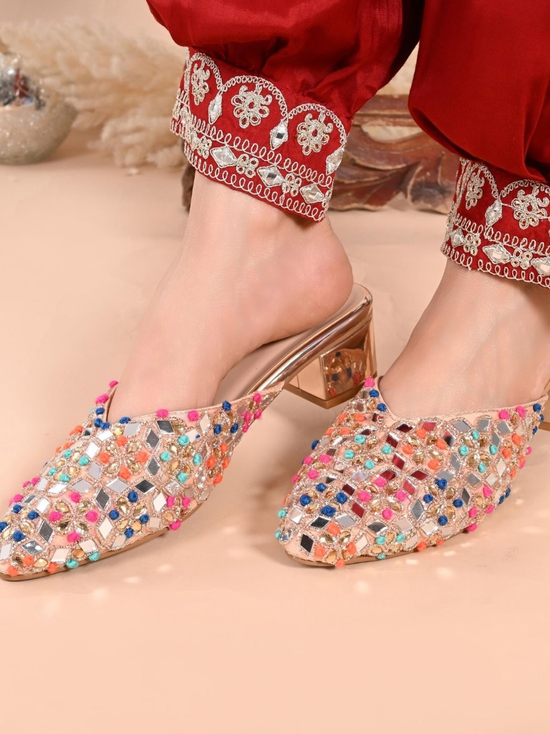 

San Marino by Shoe Bank Ethnic Mirrorwork Block Heel Mules, Gold