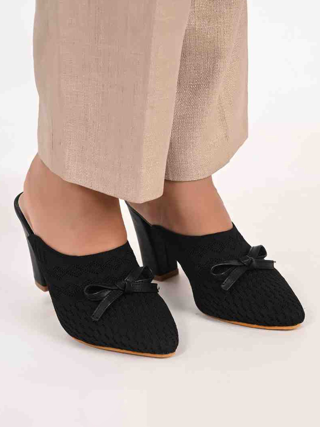 

San Marino by Shoe Bank Knit Mules Block Heels, Black