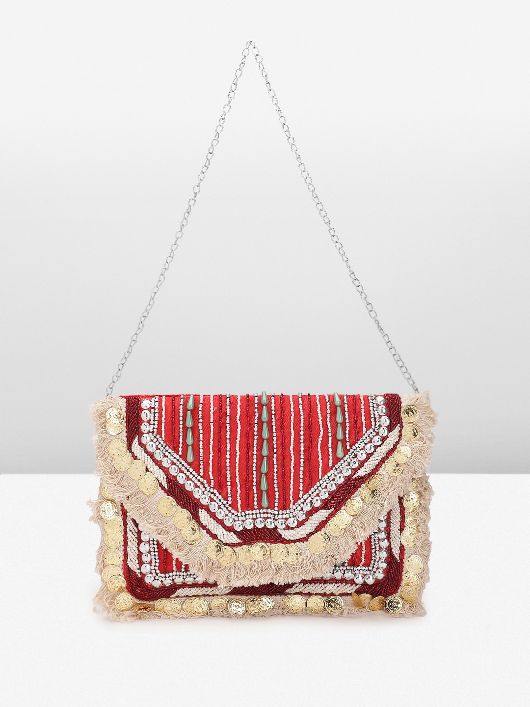 

Sangria Embellished Pure Jute Foldover Clutch, Red